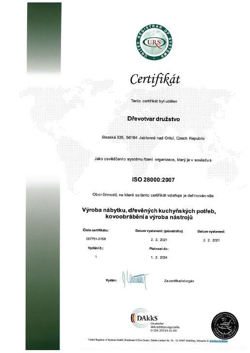 Certifikát ISO 28000:2007 Jablonné nad Orlicí