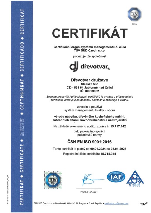 Certifikt SN ISO 9001:2016 CZ